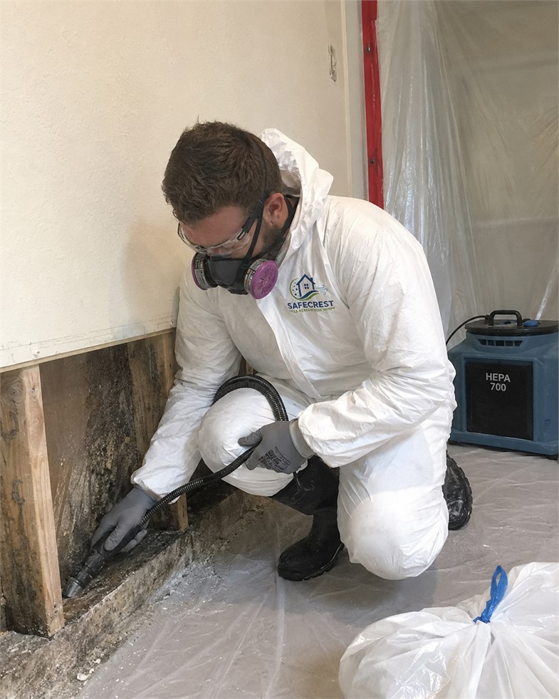 Mold remediation technician wearing protective equipment cleaning an affected baseboard area