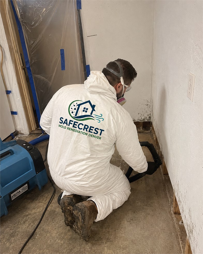 Residential wall corner being evaluated for mold remediation